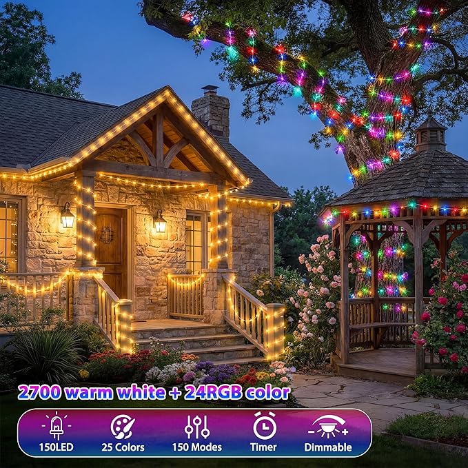 100FT 300LEDs Fairy Lights Plug in, 30V 24 RGB Colors+Warm White Color Changing Twinkle Lights, 150 Lighting Modes Timer String Light with Remote for Indoor Outdoor Festival DIY Decor