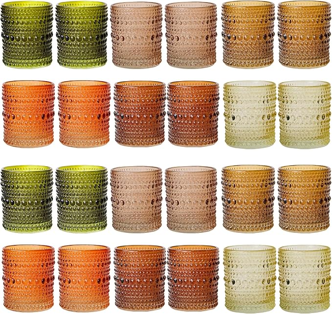 WDHODEC Brown Green Glass Tealight Candle Holders Set of 24 - Hobnail Vintage Votive Holders for Fall, Winter Wedding, Christmas Table Centerpiece Decor