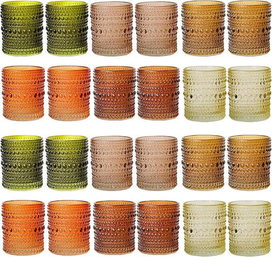 WDHODEC Brown Green Glass Tealight Candle Holders Set of 24 - Hobnail Vintage Votive Holders for Fall, Winter Wedding, Christmas Table Centerpiece Decor