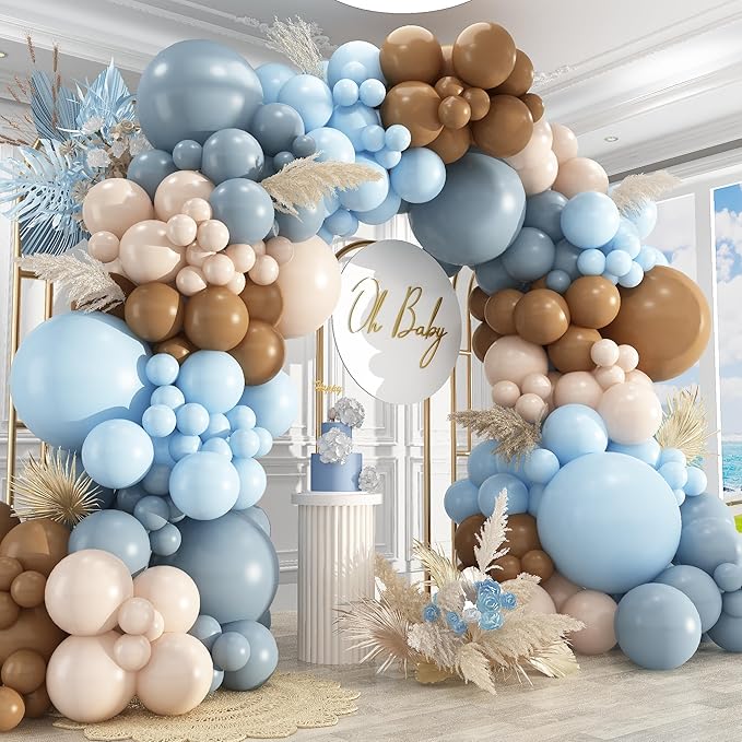 412Pcs Dusty Blue and Brown Balloon Arch Kit, 5 10 12 18inch Bear Baby Shower Decorations with Brown Sand White Dusty Blue Balloons for Baby Shower Decorations Gender Reveal Birthday Party Decoration