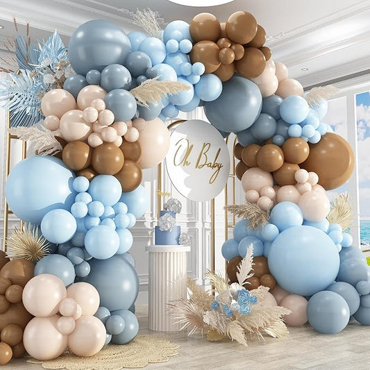 412Pcs Dusty Blue and Brown Balloon Arch Kit, 5 10 12 18inch Bear Baby Shower Decorations with Brown Sand White Dusty Blue Balloons for Baby Shower Decorations Gender Reveal Birthday Party Decoration
