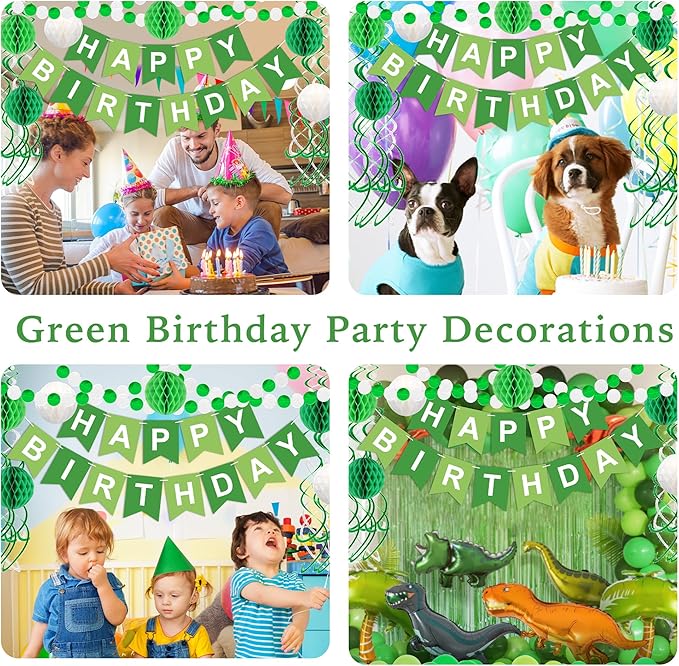 Green Birthday Decorations, Happy Birthday Banner with Honeycomb Balls, Circle Dot Garland and Hanging Swirl Decorations for Women Men Boys Girls (Green White)