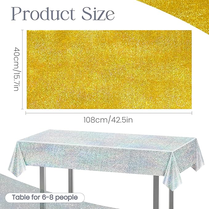 Just Shimmer Sparkling Holographic Laser Tablecloth - Shimmering, Waterproof, Easy to Clean - Ideal for Bachelorette, Mermaid, Birthday, Wedding, and Anniversary Party Decorations (Gold & Silver, 2)