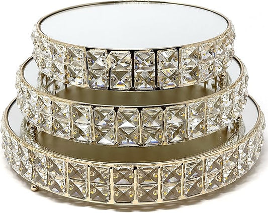 allgala Wedding Cake Stands 3-Piece Set Crystal Gold Plated Cheese Dessert Cupcake Cake Stand with Mirror Plate-Gold Round-HD89202