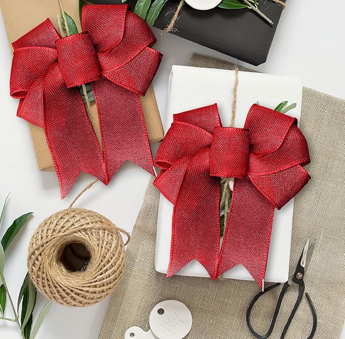 Red Burlap Ribbon 1-1/2 inch X 10 Yard Natural Burlap Woven Ribbons DIY Handmade Edging Production Wreath Holiday Decoration Gift Ribbon for Gift Wrapping Jute Linen Red Ribbons