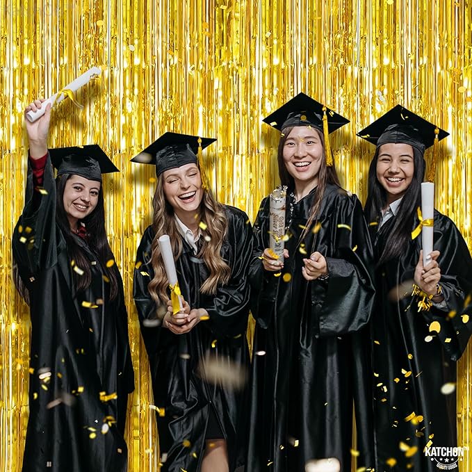 KatchOn, XtraLarge Gold Streamers Backdrop - 3.2x8 Feet, 2 Pcs | Gold Fringe Backdrop Curtain for Ramadan Decorations for Home, Casino, 50th Birthday Decoration | Graduation Decorations 2026