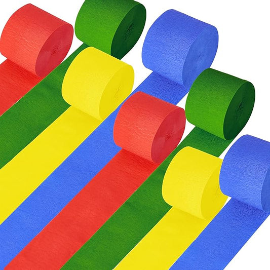 Super Brothers Birthday Party Decoration, 8 Rolls Red Green Blue Yellow Crepe Paper Streamers, for Boys Girls Game Theme Adventures Party Supplies