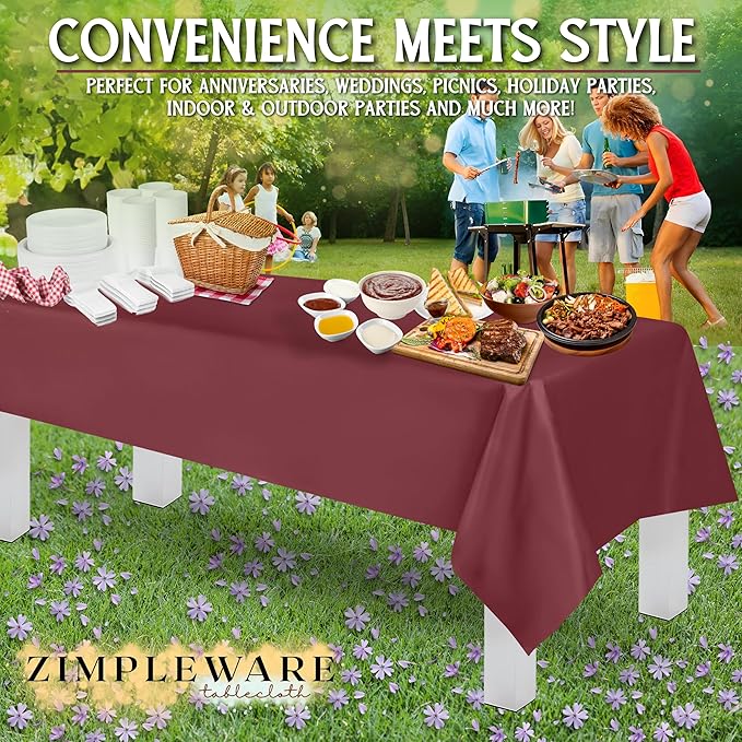 ZIMPLEWARE Premium Burgundy Plastic Table Cloth Disposable (12 Pk) Plastic Tablecloths for Rectangle Tables (54in x 108in) Party Table Cloths Disposable for 6ft to 8ft Rectangle Tables