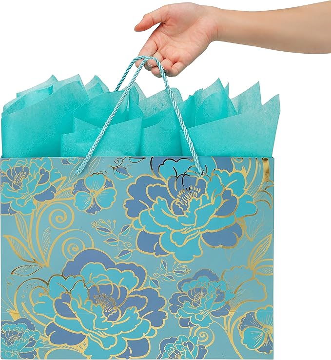 13" Large Rose Green Gift Bag Set with Greeting Card and Tissue Paper(Foil Traced Flowers) for Celebrating Birthdays, Mother's Day, Valentine's Day, Weddings, Anniversaries- 13”x5.2”x10.2”,1 Pcs.