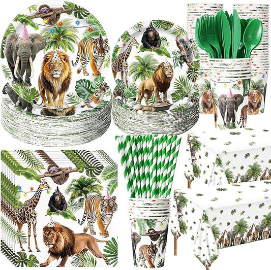 Potchen 452 Pcs Party Supplies Serve 50 Guests, Paper Plates Napkins Cups Cutlery Plastic Tablecloth Dinnerware for Birthday Wedding Party Decoration(Forest Green, Wild Animals)