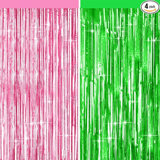 4 Packs Pink and Green Foil Fringe Curtain, Pink Green Metallic Tinsel Backdrop for Birthday, Baby Shower, Princess Bachelorette Party, Witch Party Decorations Supplies