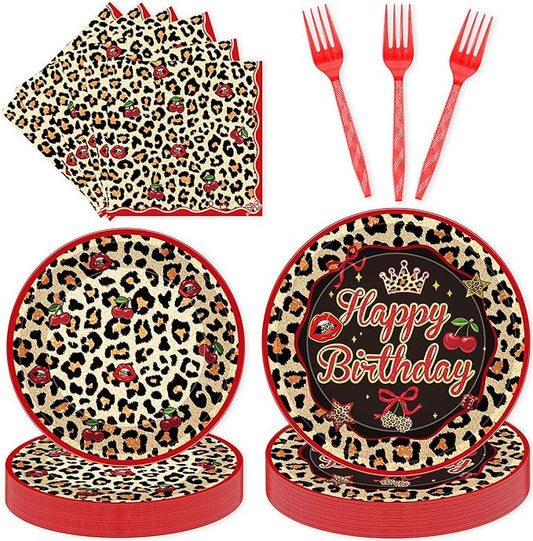 96 Pcs Cheetah Print Party Decorations, Leopard Print Disposable Dinnerware Set, Women's Birthday Party Supplies, Includes Plates, Napkins & Forks for 24 Guests