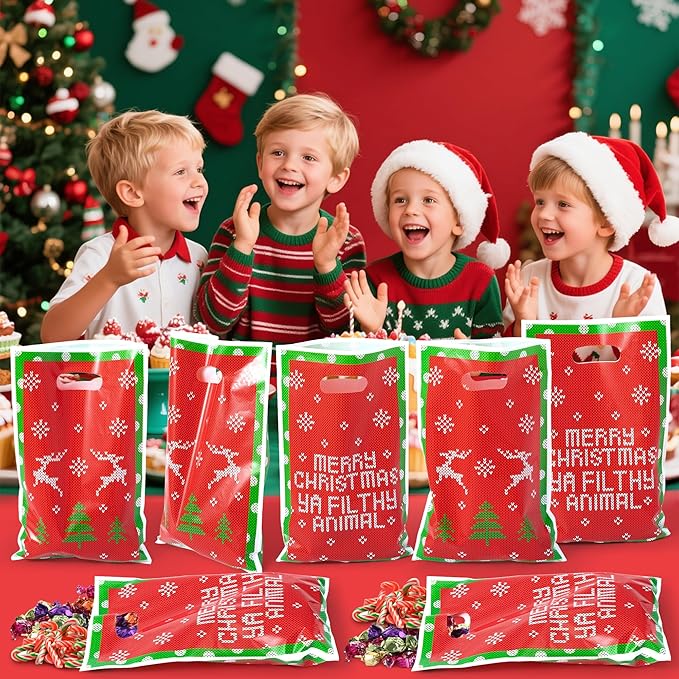JuPelozak Christmas Party Favor Bags - 50pcs Funny Xmas Movie Goodie Bag, Merry Christmas Ya Filthy Animal Candy Cookies Gift Decor for Adult Teen Fans, Holiday Celebration Decorations Supplies