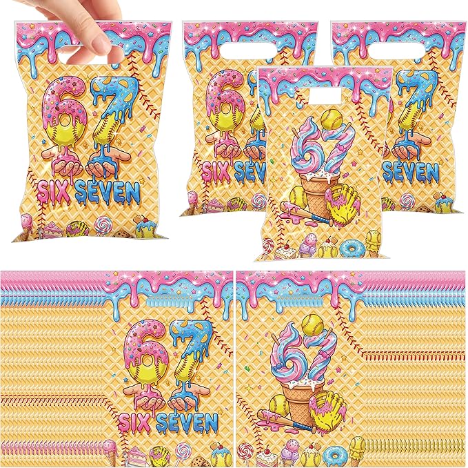 MOIZYNG 50Pcs 6 7 Bithday Gift Bags with Handles, Baseball Ice Cream Drip Plastic Candy Treat Goodie Bags, Funny 67 Six Seven Sports Themed Birthday Party Favors Decorations