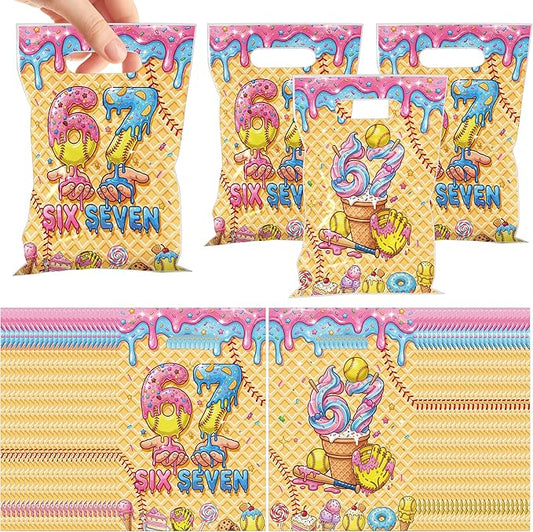 MOIZYNG 50Pcs 6 7 Bithday Gift Bags with Handles, Baseball Ice Cream Drip Plastic Candy Treat Goodie Bags, Funny 67 Six Seven Sports Themed Birthday Party Favors Decorations