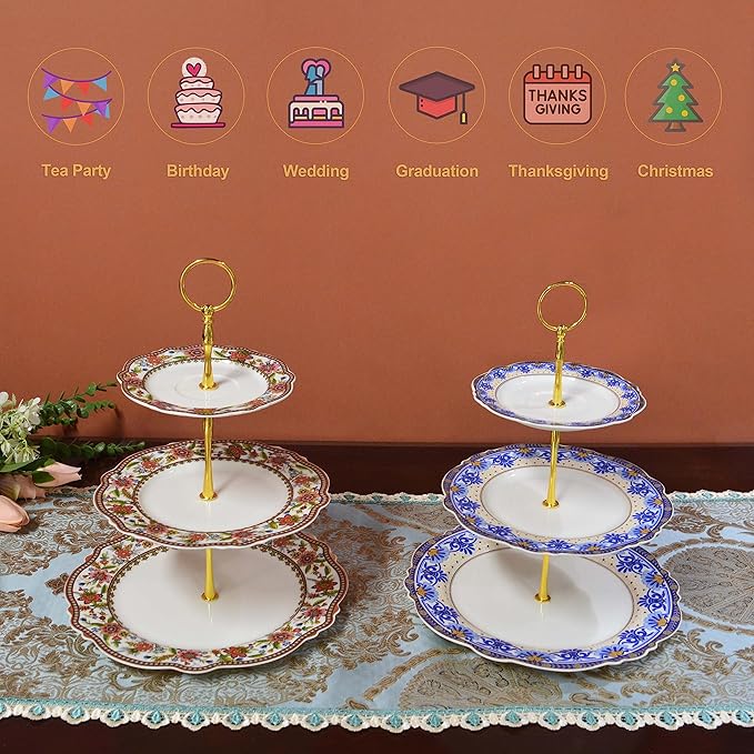 ACMLIFE 3 Tier Cupcake Stands for Dessert Table, Vintage Floral Round Cupcake Stand, Bone China Cake and Cupcake Stand for Party, Birthday, Weddings, Blue
