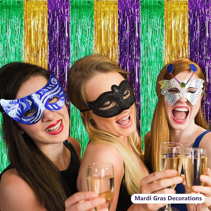 BEISHIDA 3Pcs Green Gold Purple Door Streamers Backdrop Foil Fringe Tinsel Curtains Backdrops for Birthday Baby Shower Carnival Mardi Gras Party Decoration (3.28 ft x 6.56 ft)