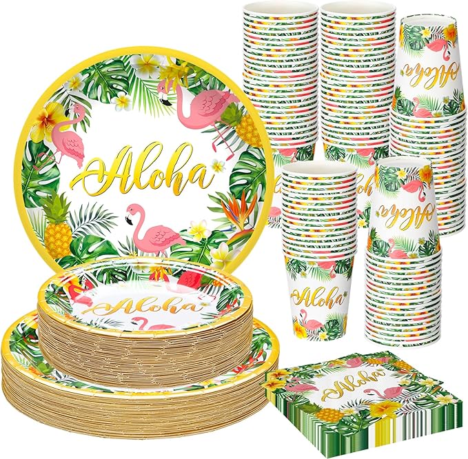 Jingmore 200 Pcs Tropical Hawaii Aloha Party Supplies Serve 50 Guests Luau Paper Plates Cups Napkins for Summer Beach Tableware Pool Party