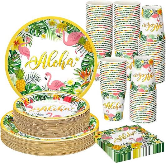 Jingmore 200 Pcs Tropical Hawaii Aloha Party Supplies Serve 50 Guests Luau Paper Plates Cups Napkins for Summer Beach Tableware Pool Party