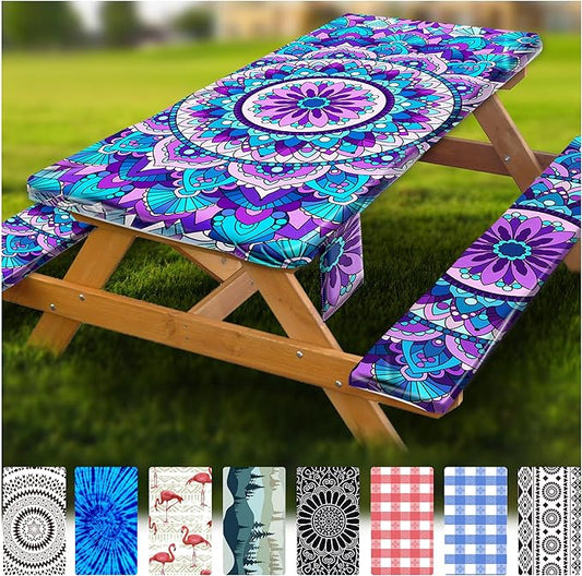 Picnic Table Cover with Bench Covers Vinyl Elastic Edges Fitted Rectangle Tables Seat Waterproof 3-Piece 96X30in Set Outdoor Rectangular Folding Backing Tablecloth Camping Over Size Mandala