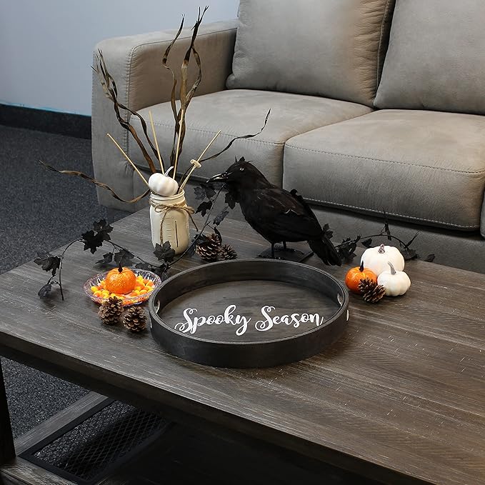 Elegant Designs HG2013-BKS Halloween Decoration Decorative 13.75'' Round Wood Serving Tray w/Handles, Black Spooky Season