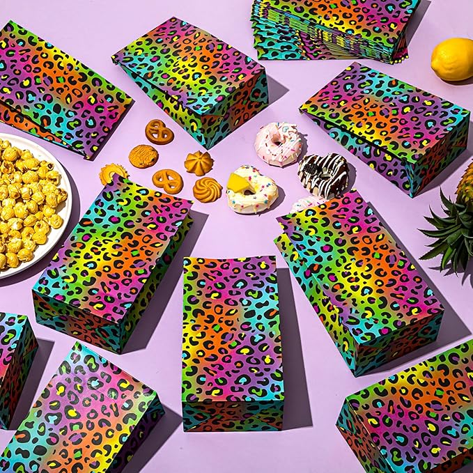 Leinuosen 24 Pcs Neon Rainbow Leopard Paper Bags Cheetah Birthday Party Favor Cheetah Paper Treat Bags for Leopard Birthday Bridal Shower Christmas Party Decorations