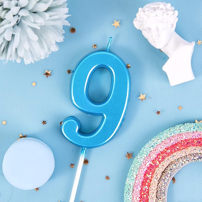 PHD CAKE 2.76 Inch Modern Blue 9 Number Birthday Candles, Blue Number Candles, Cake Number Candles, Party Celebration