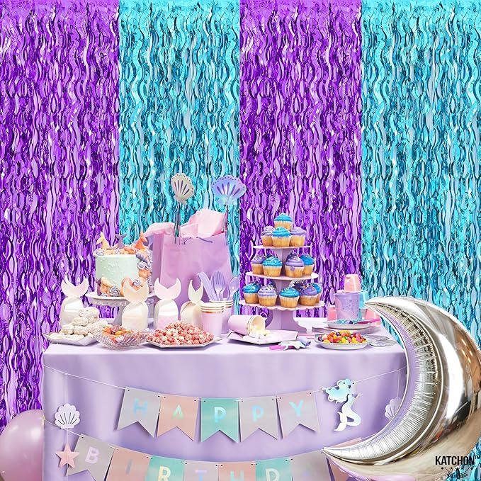 KatchOn, Large Wavy Purple and Blue Fringe Curtain - Pack of 2 | Mermaid Birthday Decorations, Beach Party Decoration | Purple and Blue Foil Fringe for Under The Sea Party Decorations