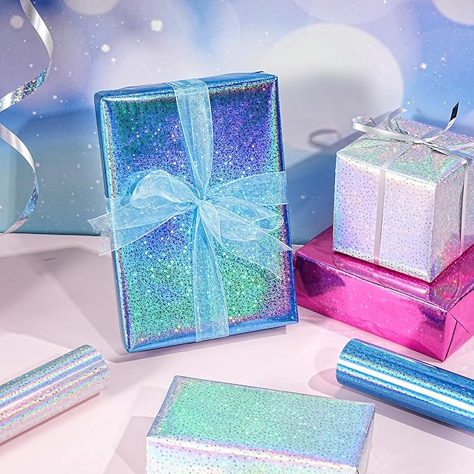 RAPAHOLIC Metallic Holographic Wrapping Paper - 3 Mini Rolls - 17 Inch x 120 Inch Per Roll - Blue White Pink Holographic Star Wrapping Paper for Birthday, Wedding, Baby Shower, Bridal Shower