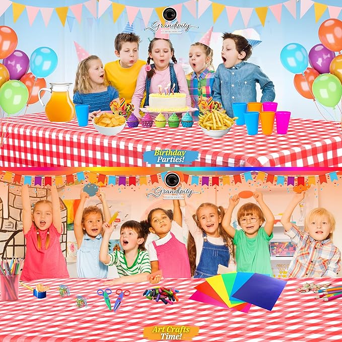 Grandipity Red Gingham Checkered Plastic Table Cloth Disposable (6 Pk) 54in x 108in Plastic Tablecloths for Rectangle Tables - Premium Party Table Cloths Disposable for 6ft to 8ft Rectangle Tables