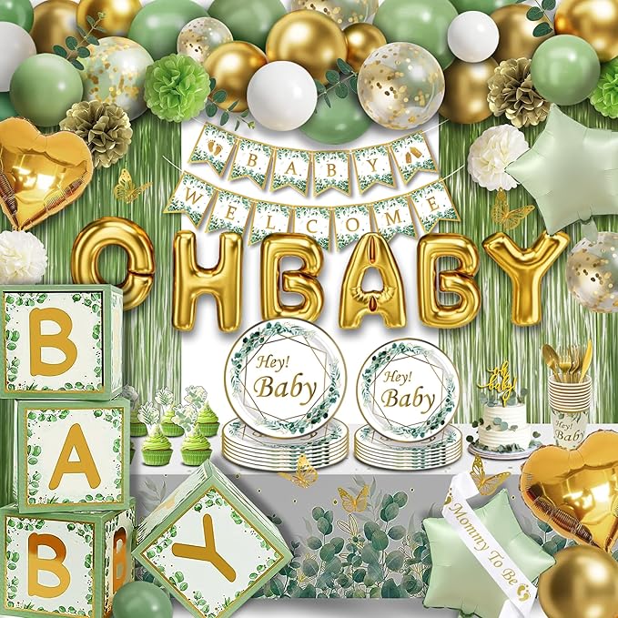 Sage Green Neutral Baby Shower All In One Set - 4 Balloon Boxes, 12 Tableware Sets with Disposable Plates, "OH BABY" Balloons, Tablecloth & Cake Toppers