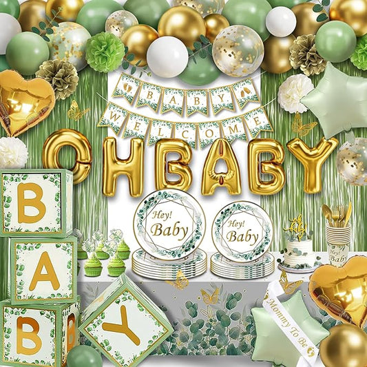 Sage Green Neutral Baby Shower All In One Set - 4 Balloon Boxes, 12 Tableware Sets with Disposable Plates, "OH BABY" Balloons, Tablecloth & Cake Toppers