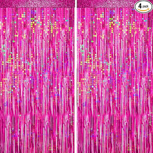 4 Packs Hot Pink Foil Fringe Curtain, Pink Glitter Metallic Tinsel Backdrop for Birthday, Wedding, Baby Shower, Bachelorette Cowgirl Princess Party Decorations Supplies