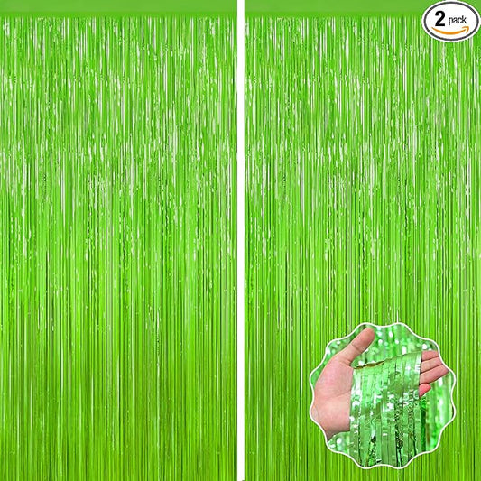Grass Green Foil Fringe Curtain Backdrop, 2Pack Metallic Tinsel Fringe Curtain Streamers Photo Backdrop for St Patricks Day Football Decorations, Birthday Christmas Tropical Party Decor Door Streamers