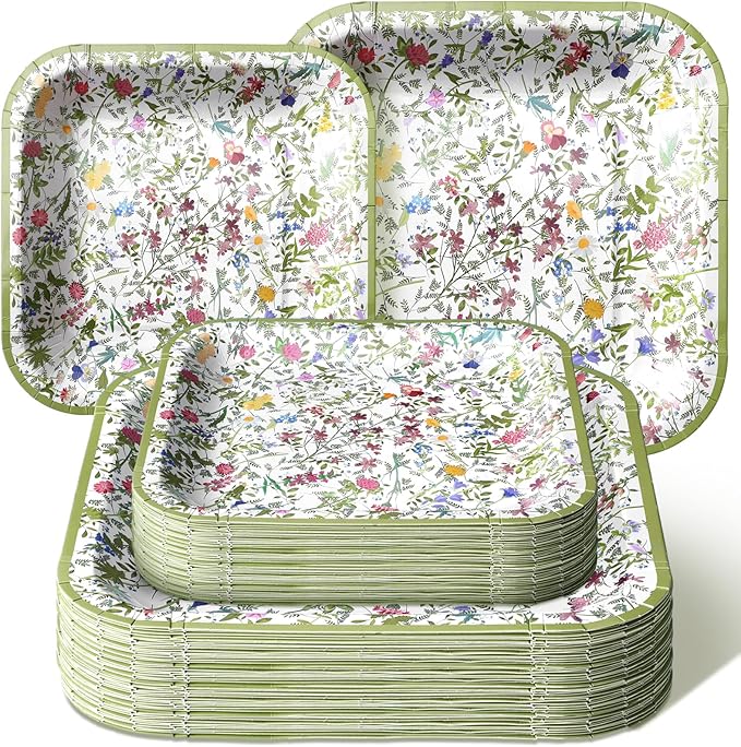 Umigy 100 Pcs Paper Plates Flower Dinner 9'' Floral Disposable Paper Plates 7'' Square Dessert Set for Dinner Birthday Wedding Baby Shower Party Tableware(Green,Wildflower)
