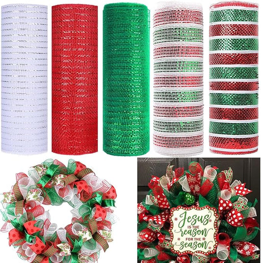 5 Rolls Christmas Mesh Ribbon for Wreath, 10 Inch x 30FT Per Roll Metallic Foil Deco Mesh Rolls Red White Green Stripe Decorative Mesh for Christmas Tree Winter Holiday Wreath Party Decor