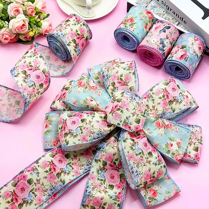 Spring Floral Wired Edge Ribbon, Watercolor Vintage Flower Ribbon with Pink Rose Design Ribbon for Wreath, Bow Making, DIY Crafts, Wrapping and Making Rose Petals,4 Rolls, 20 Yard (Pink-Blue)