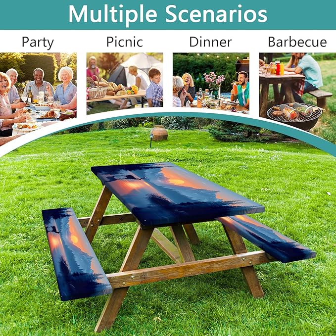 3 PCS Picnic Table Cover with Bench Covers & Storage Bag, Waterproof Fitted Camping Tablecloth with Elastic, 30x60 Inch, Sunset Mountain Lake Deer Forest Print, Indoor Outdoor Patio RV Party Table