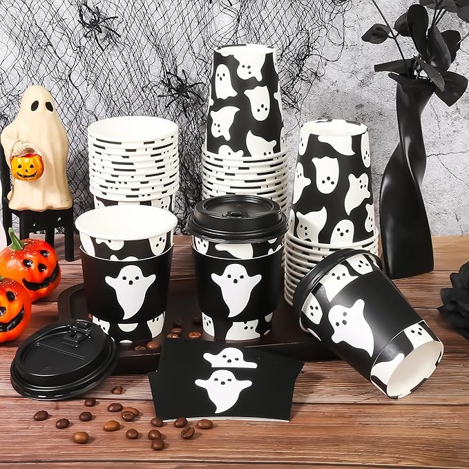 AimFun 50Pcs Halloween Ghost Disposable Coffee Cups with Lids and Sleeves 8oz Ghost Spooky Paper Party Cups Black White Boo Cold Hot Drinking Cups for Birthday Halloween Party Supplies (Black Ghosts)