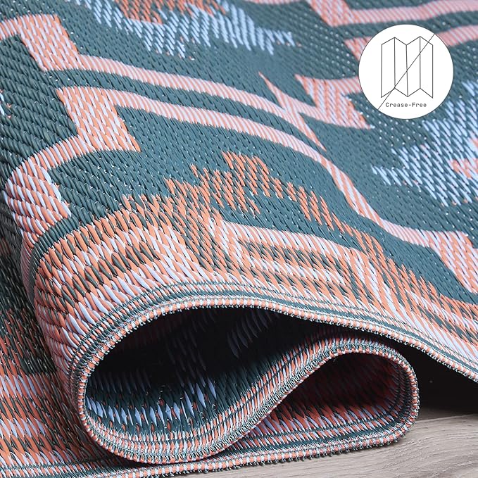 Fab Habitat Outdoor Rug - Waterproof, Fade Resistant, Crease-Free, Reversible - Premium Recycled Plastic - Vintage Boho Kilim - Large Patio, Deck, Sunroom, Camping, RV - Lhasa - Green - 8 x10 ft