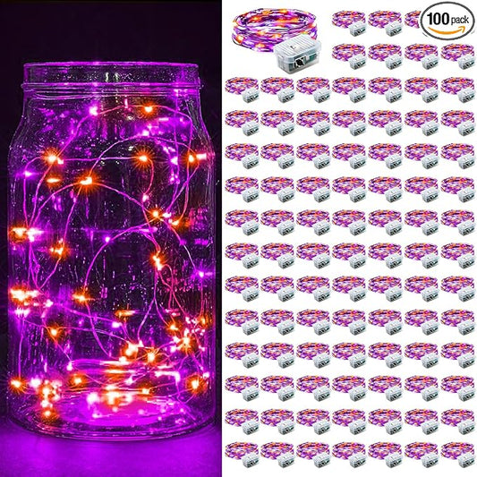 100 Pack Fairy Lights 7Ft 20 LED Twinkle String Lights Battery Operated Waterproof Firefly Starry for Mason Jar Party Wedding Christmas Valentines Day,Orange&Purple