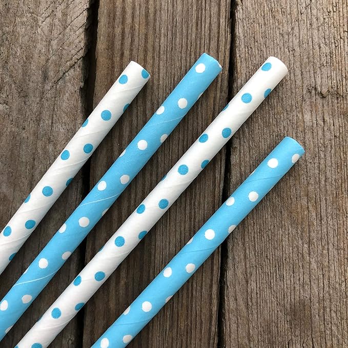 Light Blue and White Paper Straws - Polka Dot - 7.75 Inches - 50 Pack