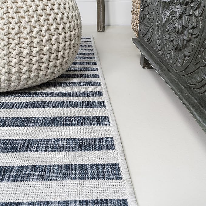 JONATHAN Y Offset Stripe Indoor Outdoor Area Rug 3X5 Ivory/Blue, Sukie Modern for Backyard, Patio, Porch, Easy-Cleaning, High Traffic, Pet-Friendly, Non-Shedding (SMB133C-3)