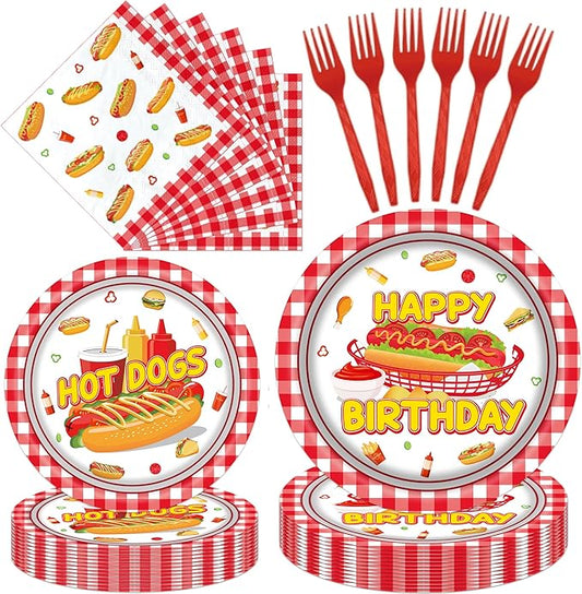 Hot Dog Party Decorations - 96 Pcs Hotdog Birthday Tableware Supplies Fast Food Disposable Paper Dessert Plates Napkins Forks Decor Set for Adults Kids Picnic Sausage BBQ Serves 24 Guests
