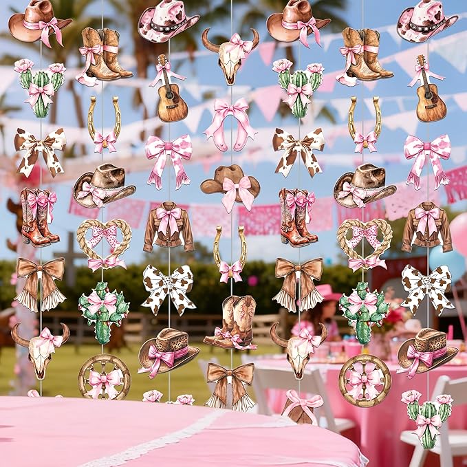 Cowgirl Coquette Garlands 8PCS Western Disco Cowgirls Hanging Decorations Cowgirl Hat and Boots Paper Garland Banner Cactus Pink Bow Decor for Girls Bachelorette Bridal Shower Supplies