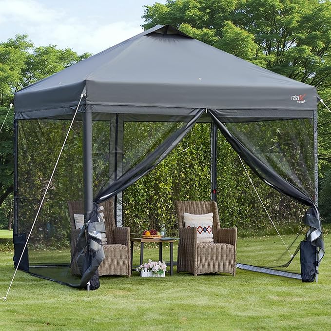 10x10 Pop Up Canopy Tent with Mosquito Netting, Outdoor Portable Screen Tent for Yard, Party, Camping and Picnic, 3 Height Positions, Patio Gazebo with Roller Bag and 4 Sandbags