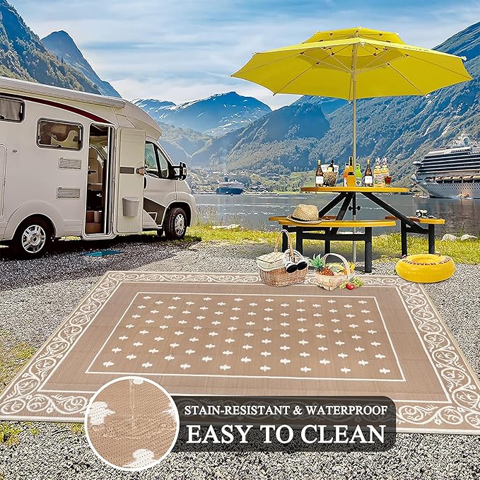 Pauwer Waterproof Outdoor Rug 10x14, Reversible Plastic Straw Patio Camping Rug, Indoor Outdoor RV Mat Carpet for Deck, Camper, Porch, Balcony, Picnic, Bordered Beige