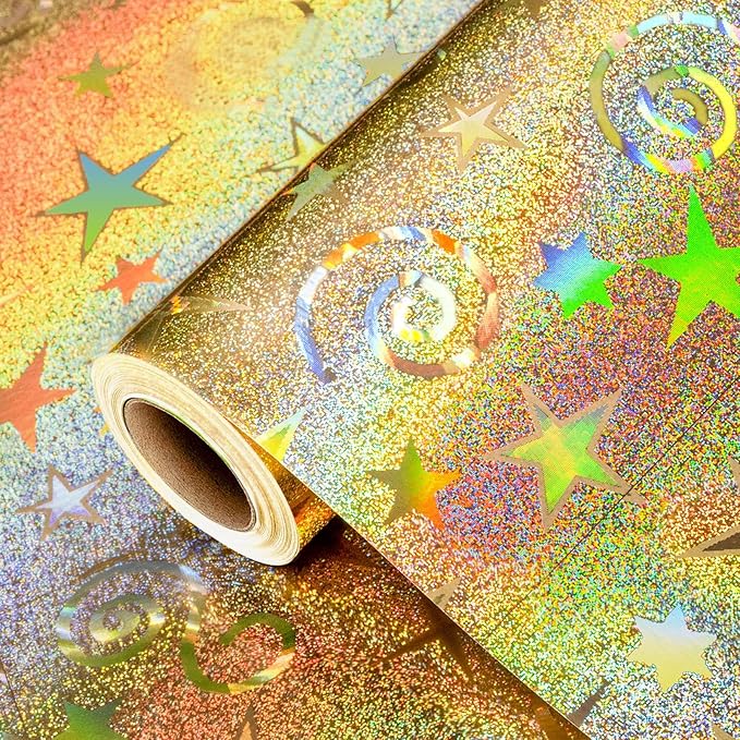 Burymento Gold Wrapping Paper, Metallic Holographic Star Gift Wrap with Shining Design for Birthday, Valentines, Mothers day, Graduation, Wedding, Fathers day, Baby Shower, Christmas (17 IN x 32.8 FT)