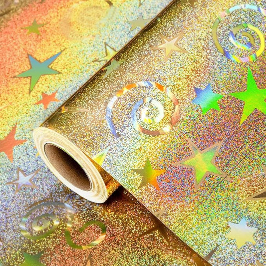 Burymento Gold Wrapping Paper, Metallic Holographic Star Gift Wrap with Shining Design for Birthday, Valentines, Mothers day, Graduation, Wedding, Fathers day, Baby Shower, Christmas (17 IN x 32.8 FT)