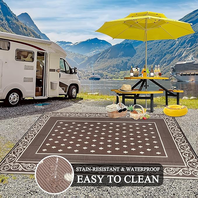 Pauwer Waterproof Outdoor Rug 10x14, Reversible Plastic Straw Patio Camping Rug, Indoor Outdoor RV Mat Carpet for Deck, Camper, Porch, Balcony, Backyard, Picnic, Bordered Brown